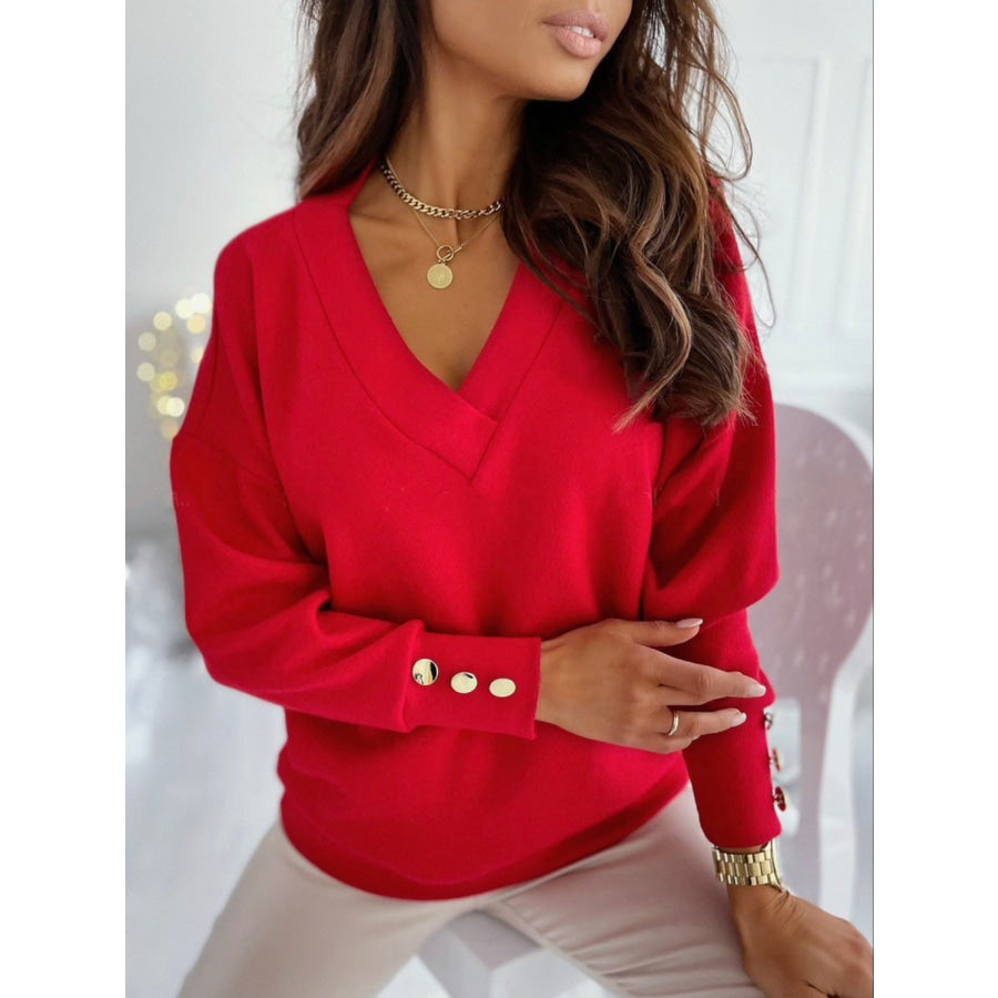 V-Neck Long Sleeve Sweatshirt Deep Red / S Apparel and Accessories