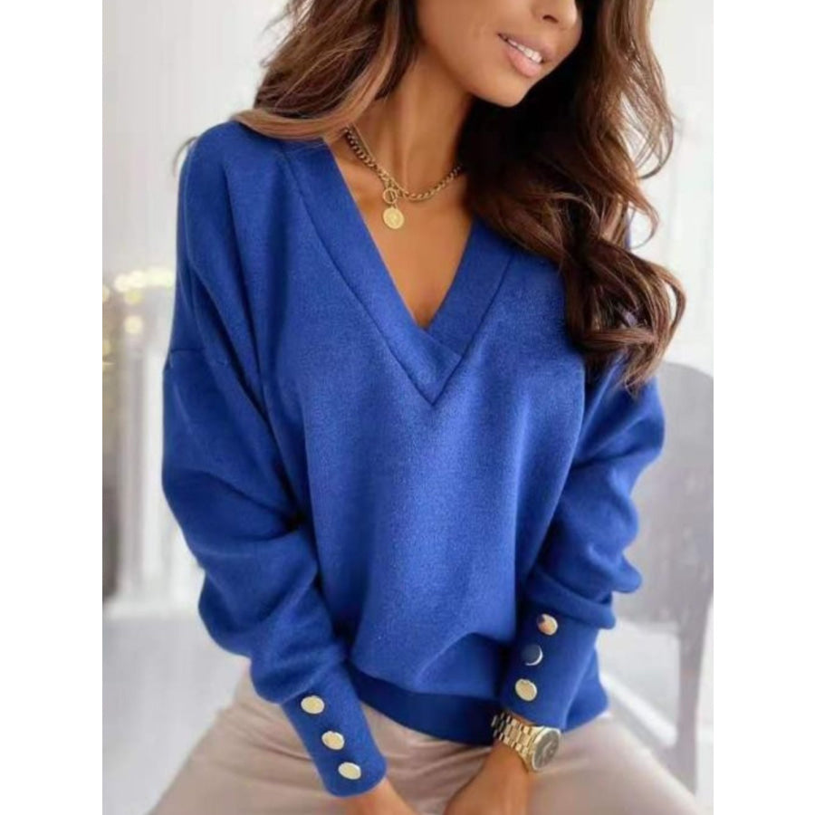 V-Neck Long Sleeve Sweatshirt Royal Blue / S Apparel and Accessories