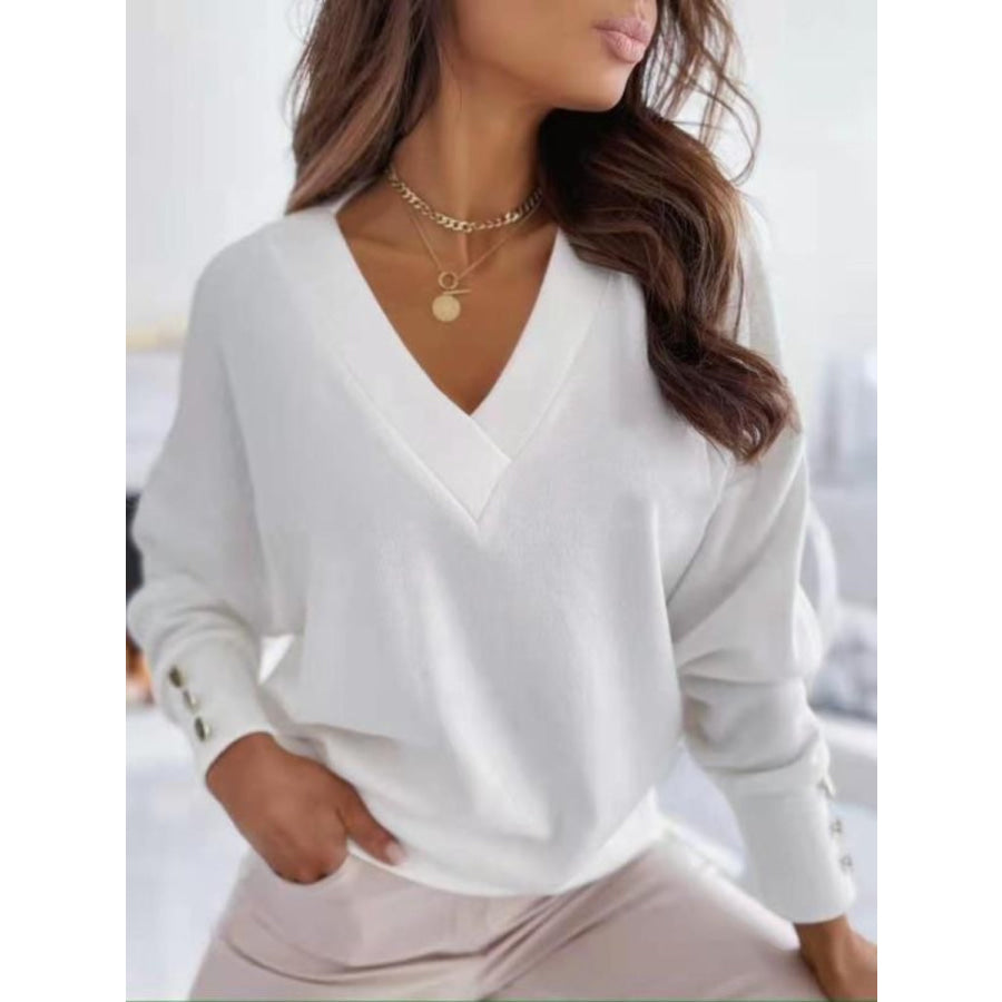 V-Neck Long Sleeve Sweatshirt White / S Apparel and Accessories