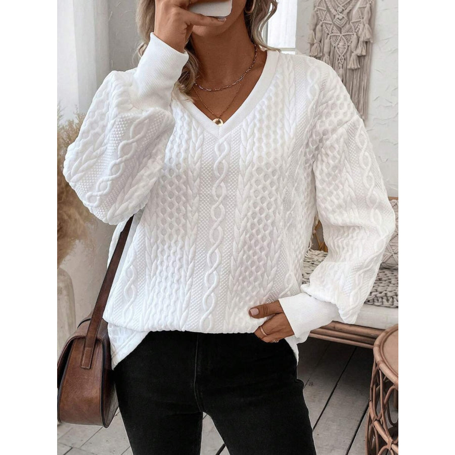 V-Neck Long Sleeve Sweatshirt White / S Apparel and Accessories