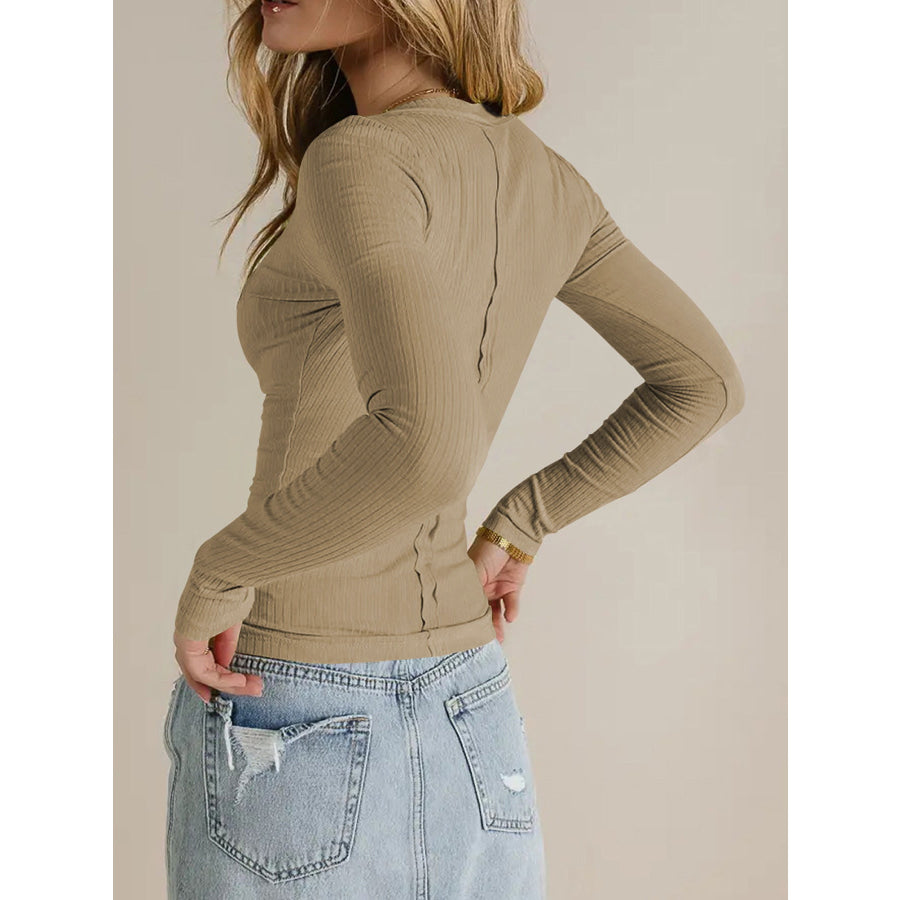 V-Neck Long Sleeve T-Shirt Tan / S Apparel and Accessories