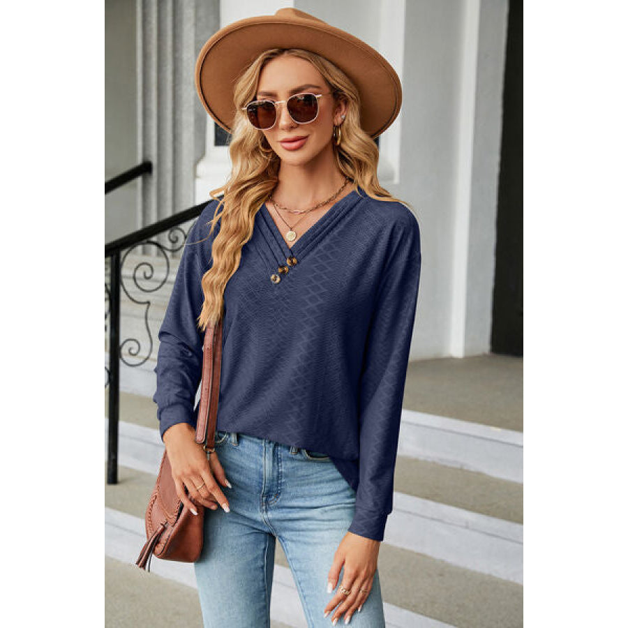 V - Neck Long Sleeve T - Shirt Navy / S Apparel and Accessories