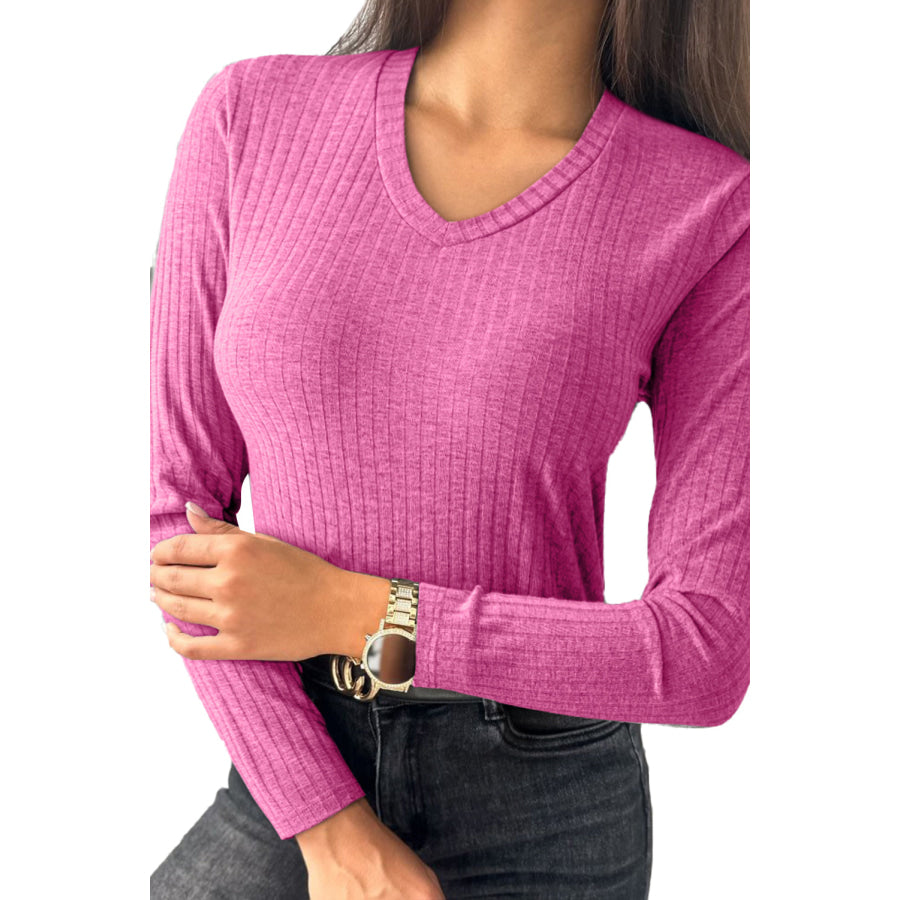V-Neck Long Sleeve T-Shirt Fuchsia Pink / S Apparel and Accessories