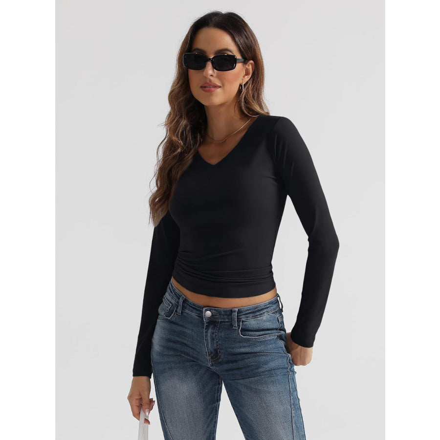 V-Neck Long Sleeve T-Shirt Black / S Apparel and Accessories