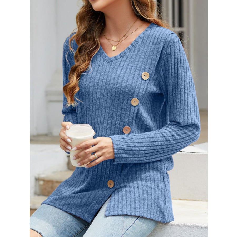 V-Neck Long Sleeve T-Shirt Blue / S Apparel and Accessories