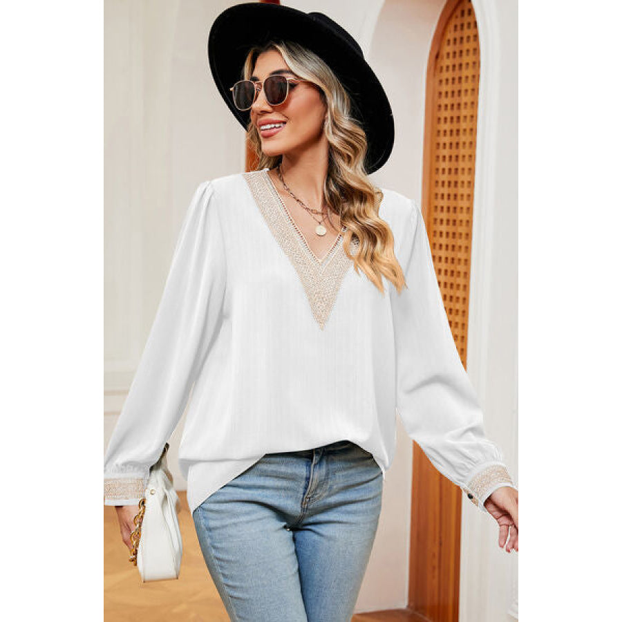 V - Neck Long Sleeve T - Shirt White / S Apparel and Accessories