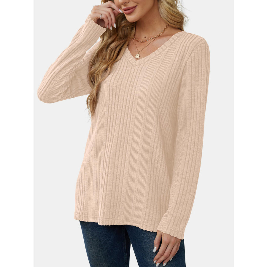 V-Neck Long Sleeve T-Shirt Beige / S Apparel and Accessories