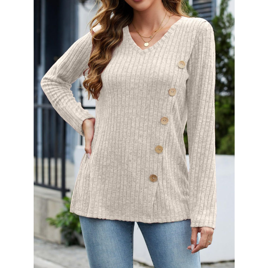 V-Neck Long Sleeve T-Shirt Beige / S Apparel and Accessories