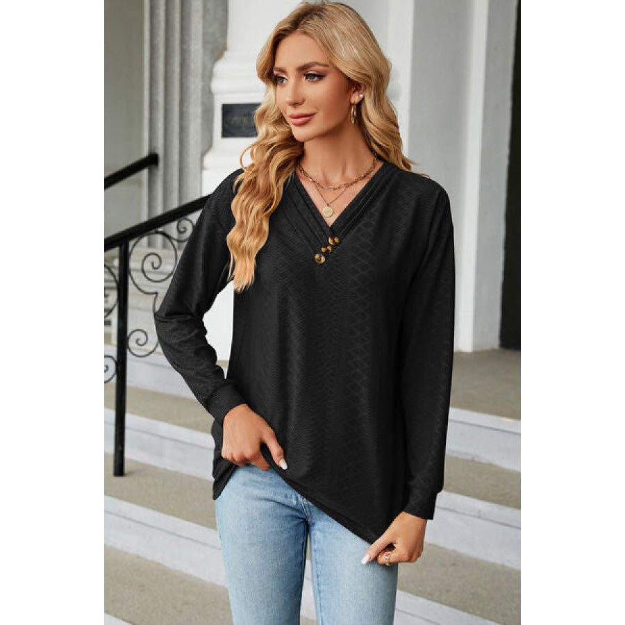 V - Neck Long Sleeve T - Shirt Black / S Apparel and Accessories