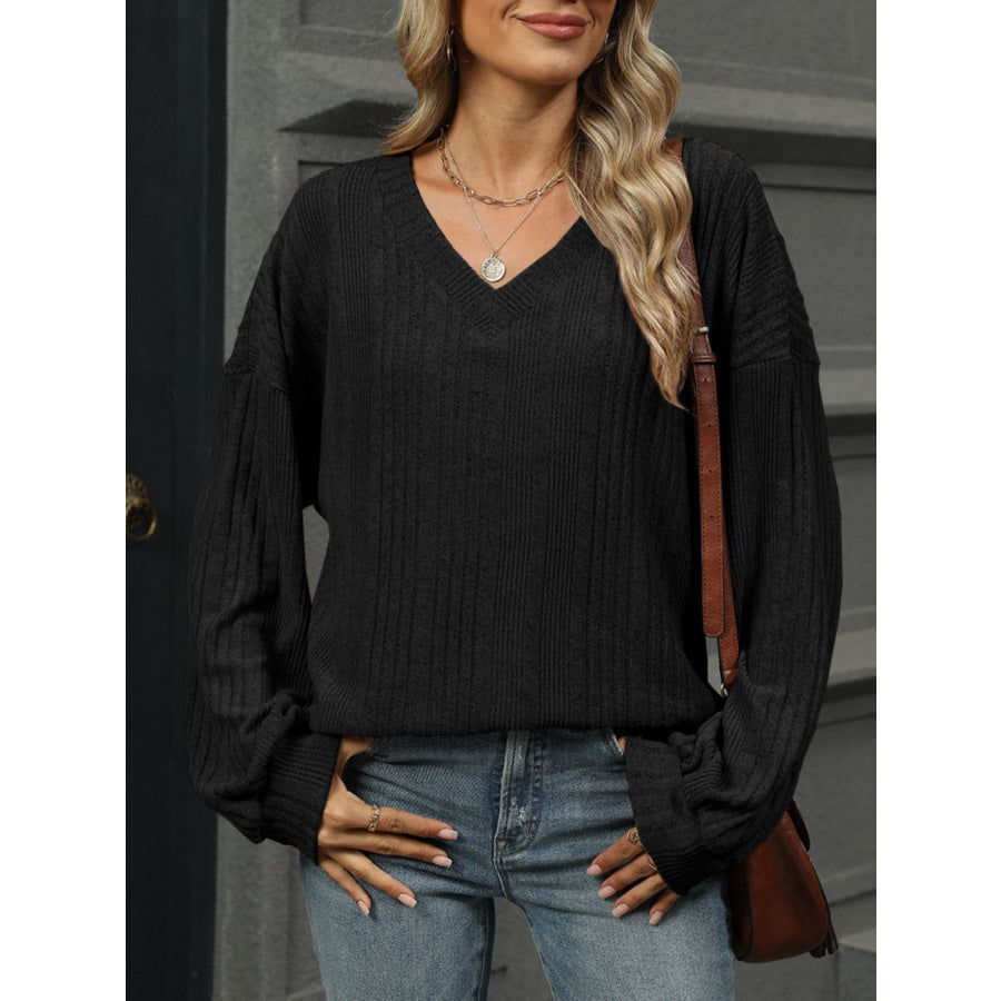 V-Neck Long Sleeve T-Shirt Black / S Apparel and Accessories