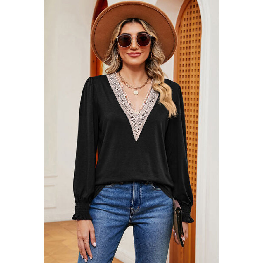 V - Neck Long Sleeve T - Shirt Black / S Apparel and Accessories