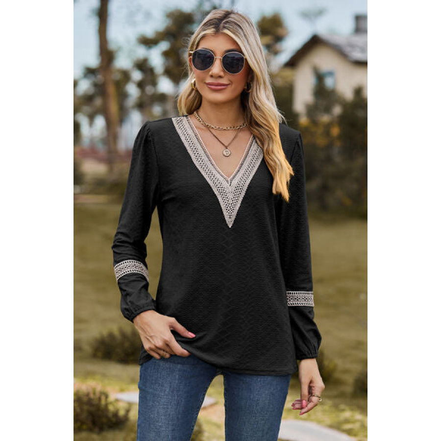 V - Neck Long Sleeve T - Shirt Black / S Apparel and Accessories