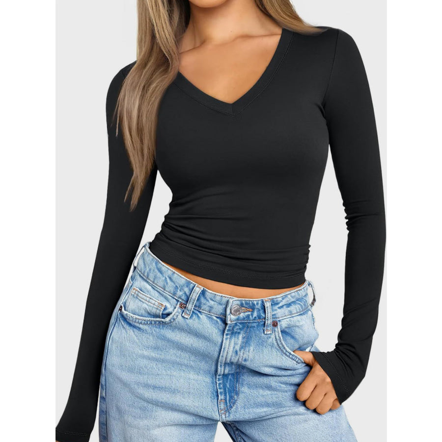 V-Neck Long Sleeve T-Shirt Black / S Apparel and Accessories