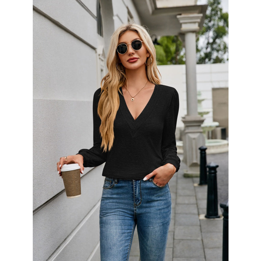 V-Neck Long Sleeve T-Shirt Black / S Apparel and Accessories