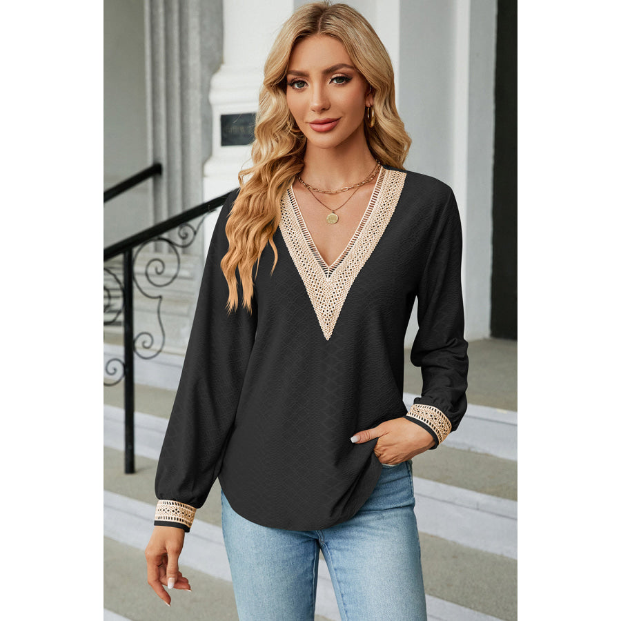 V - Neck Long Sleeve T - Shirt Black / S Apparel and Accessories