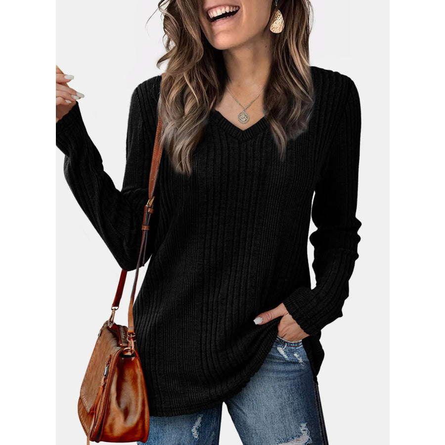 V-Neck Long Sleeve T-Shirt Black / S Apparel and Accessories