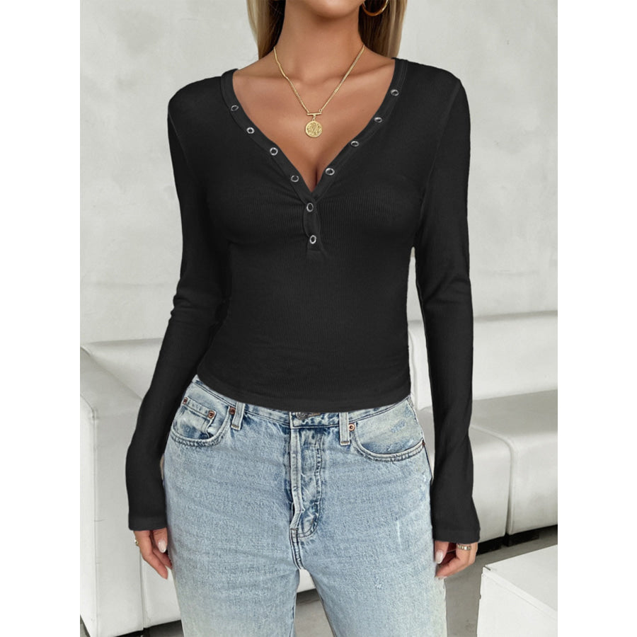 V-Neck Long Sleeve T-Shirt Black / S Apparel and Accessories
