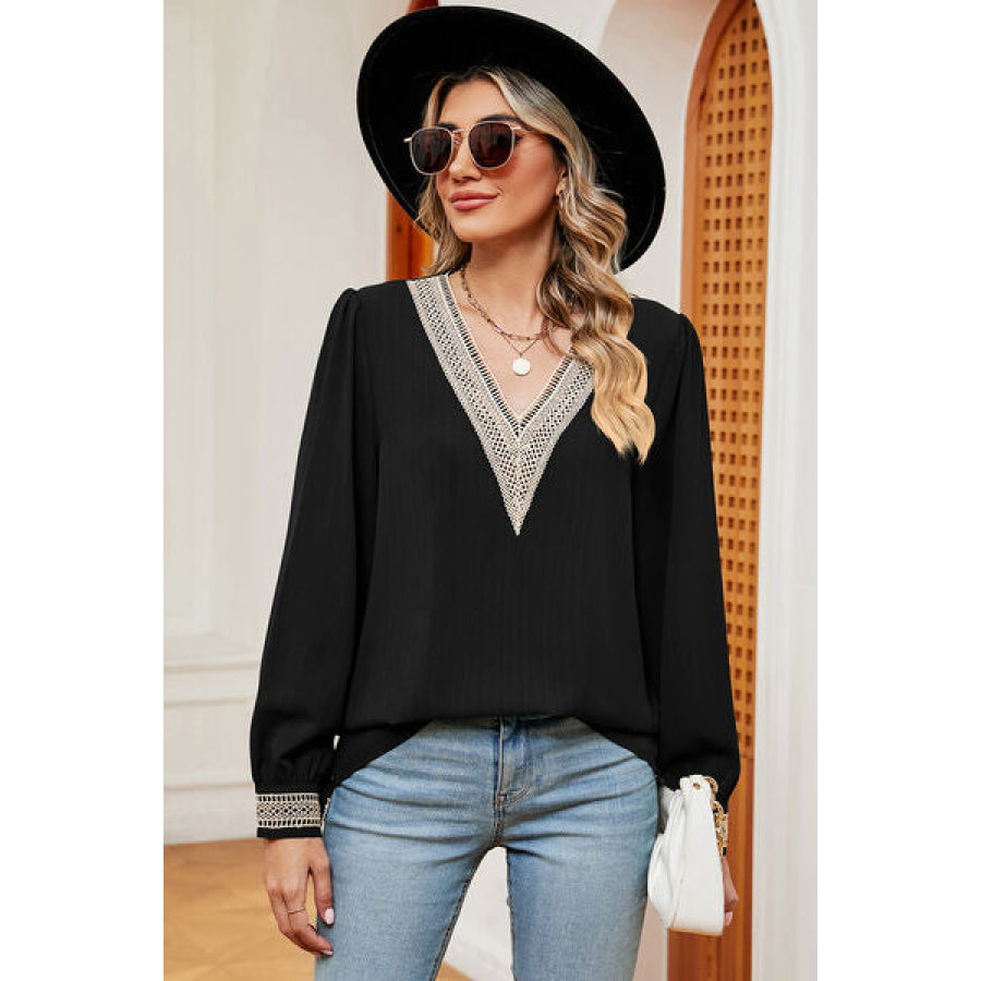 V - Neck Long Sleeve T - Shirt Black / S Apparel and Accessories