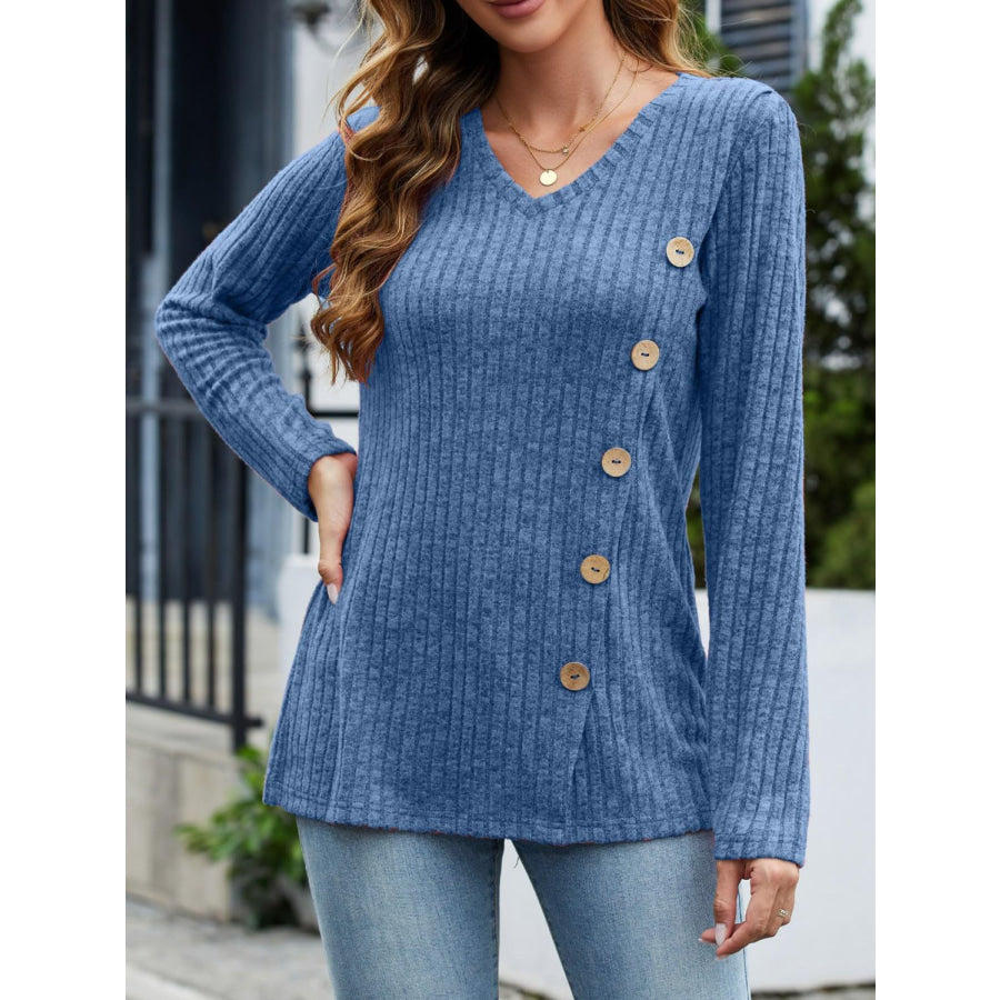V-Neck Long Sleeve T-Shirt Blue / S Apparel and Accessories