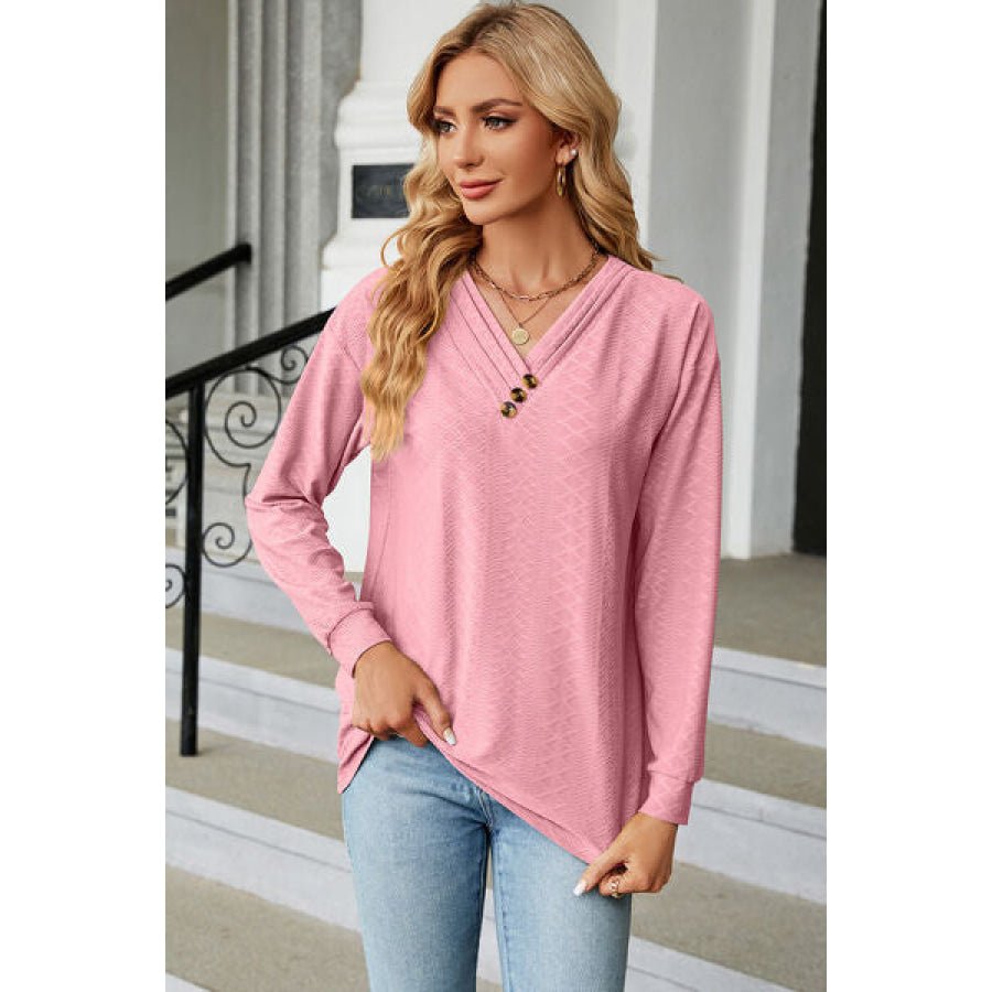 V - Neck Long Sleeve T - Shirt Blush Pink / S Apparel and Accessories