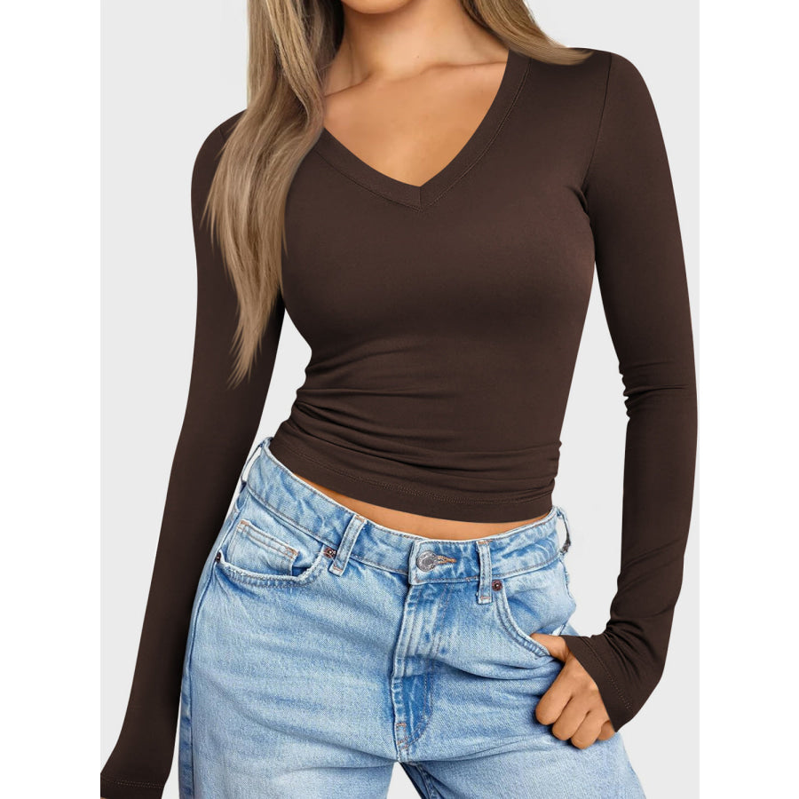 V-Neck Long Sleeve T-Shirt Brown / S Apparel and Accessories