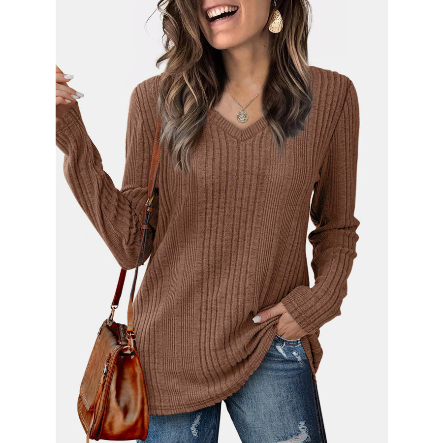 V-Neck Long Sleeve T-Shirt Brown / S Apparel and Accessories