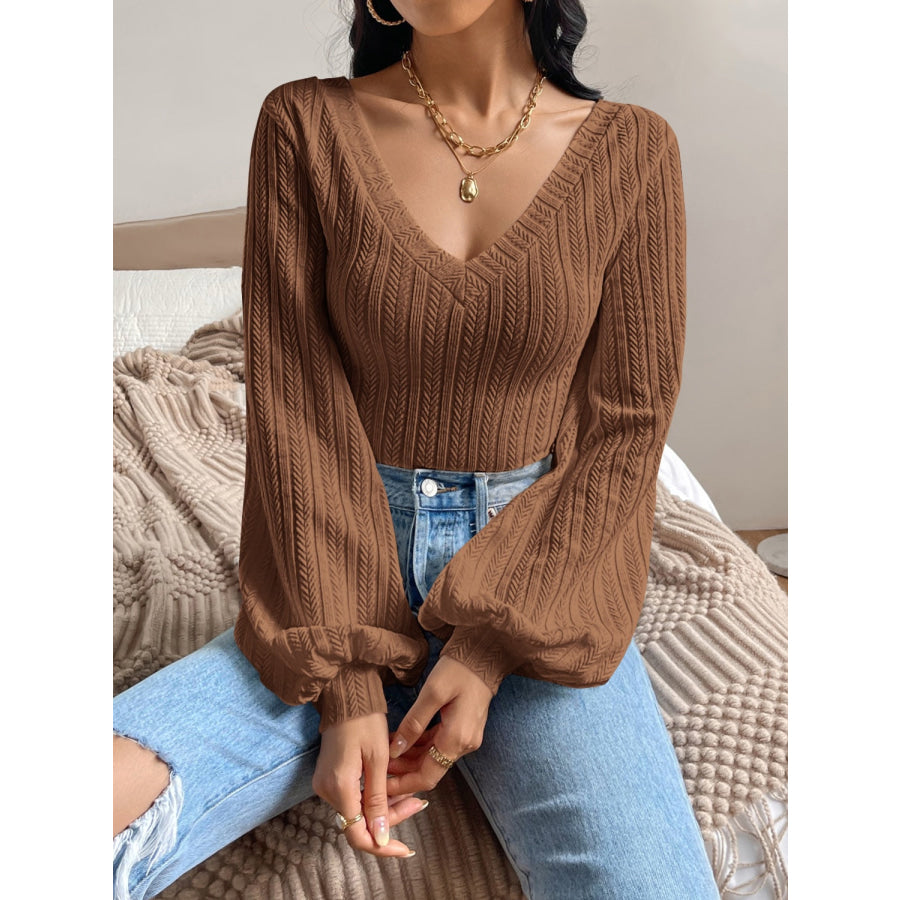 V-Neck Long Sleeve T-Shirt Brown / S Apparel and Accessories