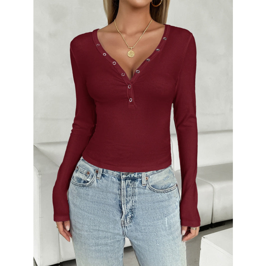 V-Neck Long Sleeve T-Shirt Burgundy / S Apparel and Accessories