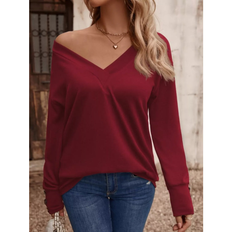V-Neck Long Sleeve T-Shirt Burgundy / S Apparel and Accessories
