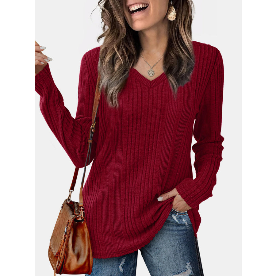 V-Neck Long Sleeve T-Shirt Burgundy / S Apparel and Accessories