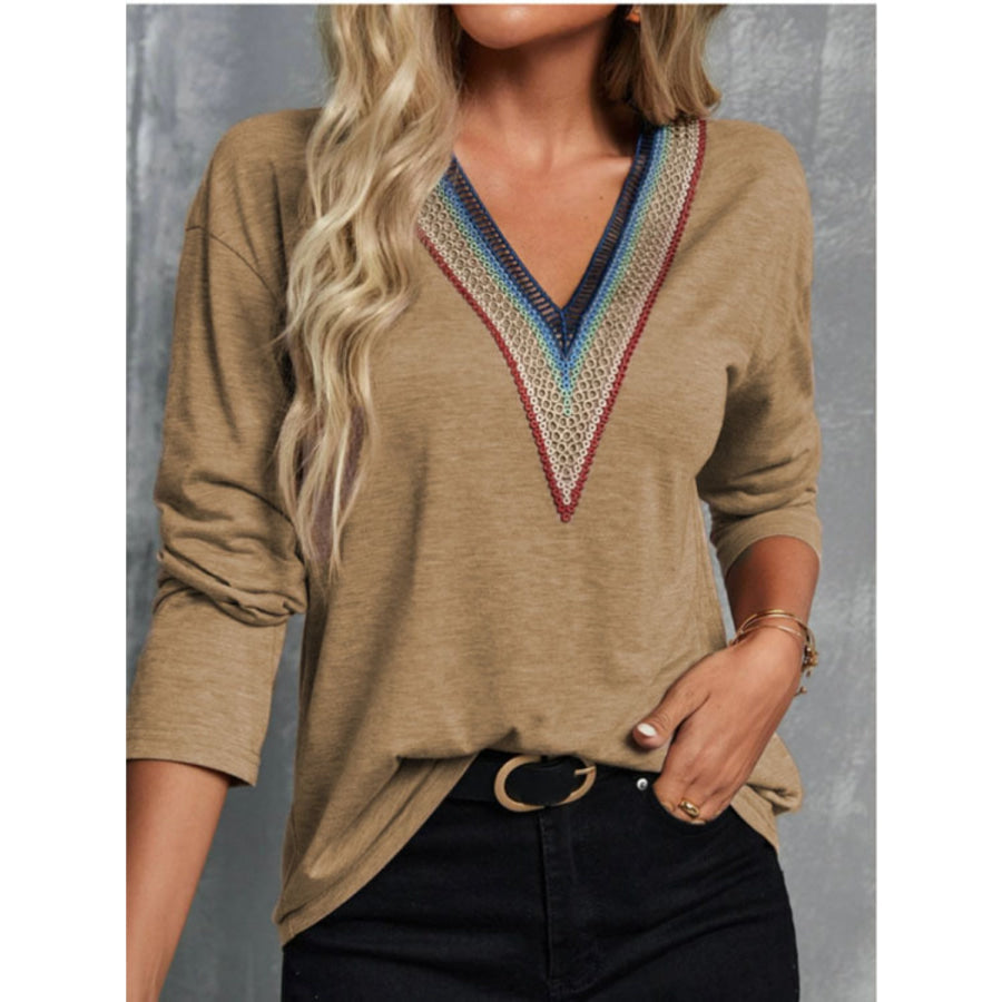 V-Neck Long Sleeve T-Shirt Camel / S Apparel and Accessories