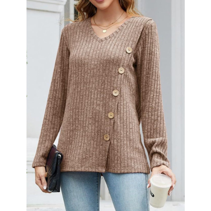 V-Neck Long Sleeve T-Shirt Camel / S Apparel and Accessories