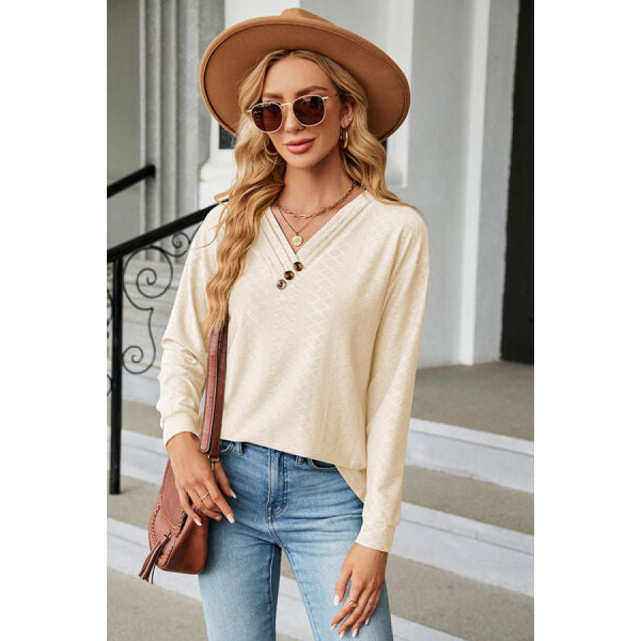 V - Neck Long Sleeve T - Shirt Cream / S Apparel and Accessories