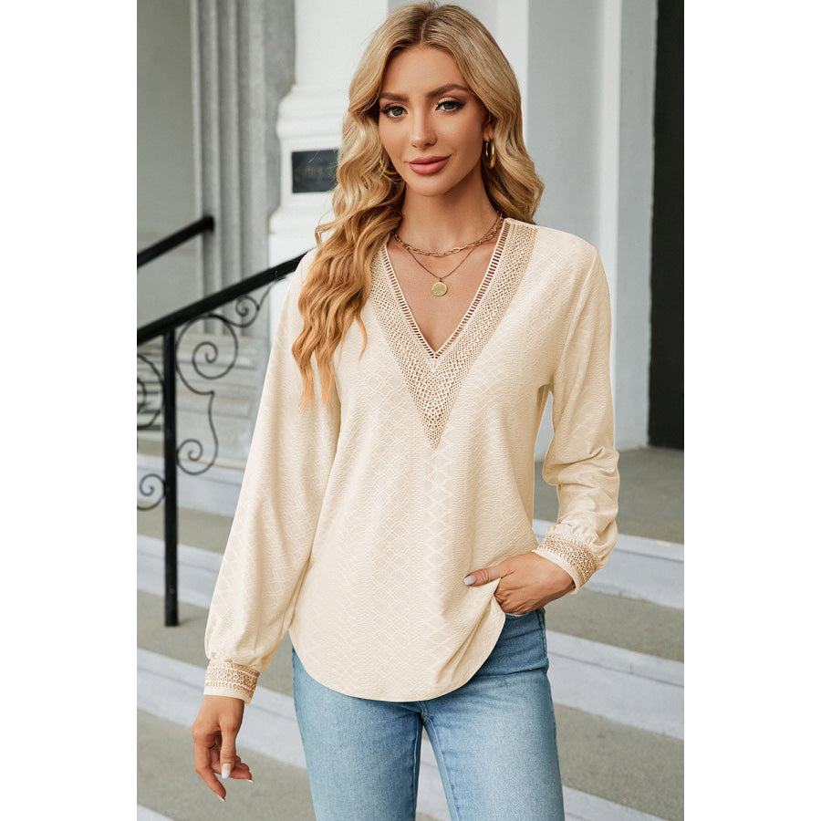 V - Neck Long Sleeve T - Shirt Cream / S Apparel and Accessories