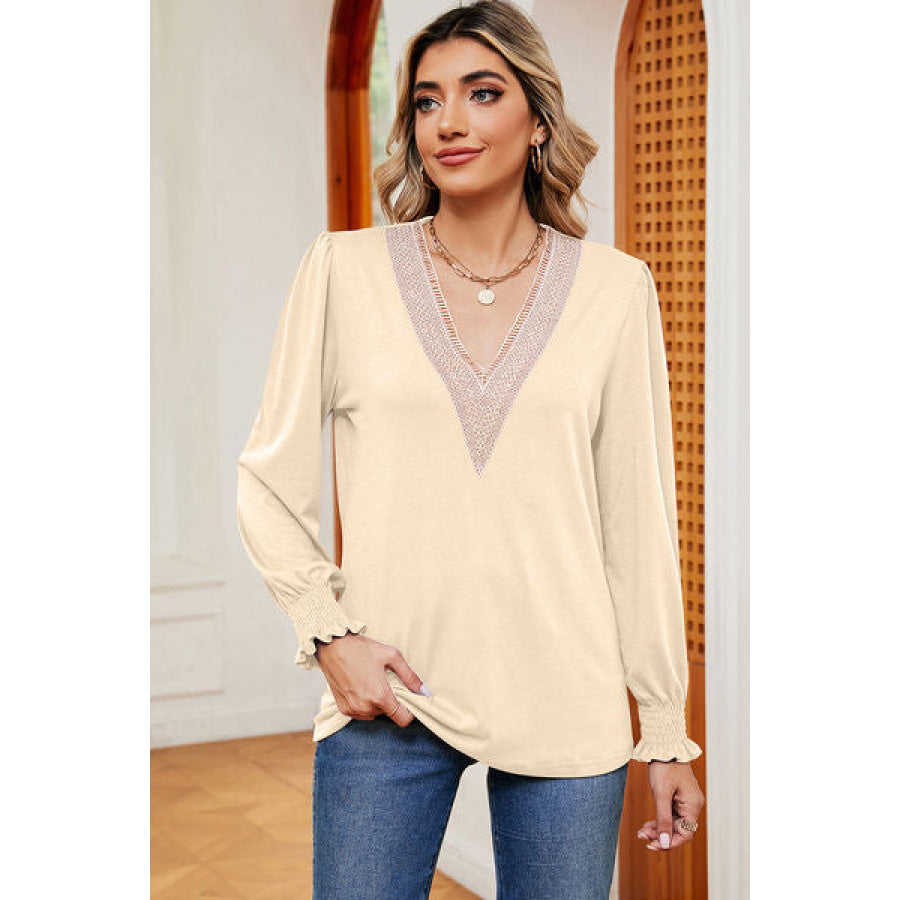 V - Neck Long Sleeve T - Shirt Cream / S Apparel and Accessories