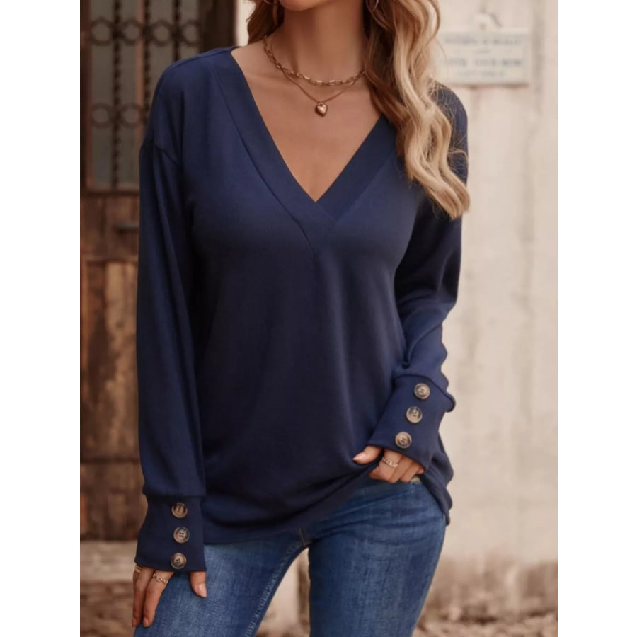 V-Neck Long Sleeve T-Shirt Dark Blue / S Apparel and Accessories