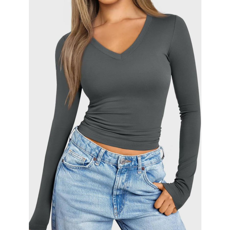 V-Neck Long Sleeve T-Shirt Dark Gray / S Apparel and Accessories
