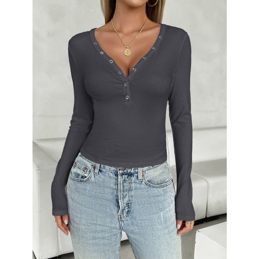 V-Neck Long Sleeve T-Shirt Dark Gray / S Apparel and Accessories