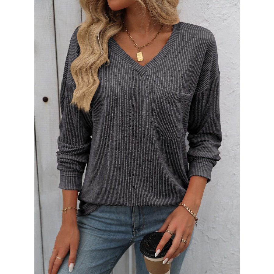 V-Neck Long Sleeve T-Shirt Dark Gray / S Apparel and Accessories