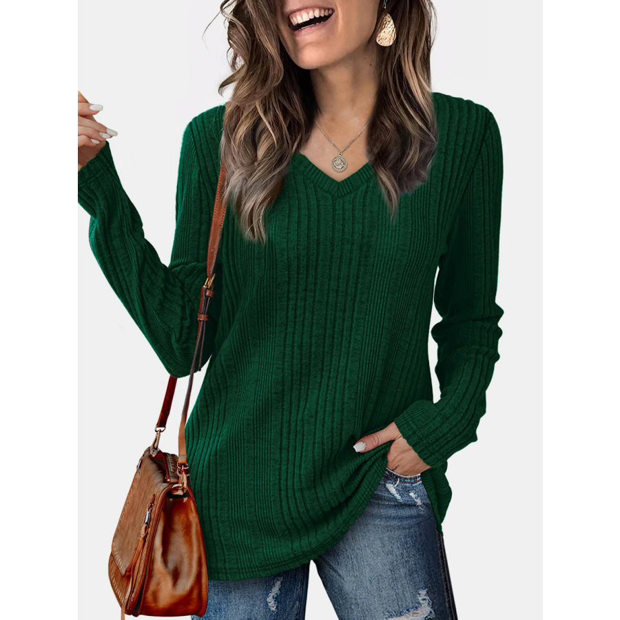 V-Neck Long Sleeve T-Shirt Dark Green / S Apparel and Accessories
