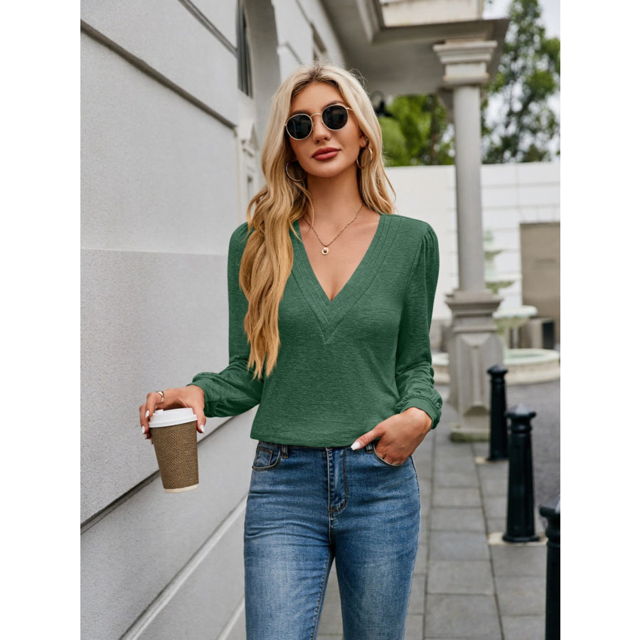 V-Neck Long Sleeve T-Shirt Dark Green / S Apparel and Accessories
