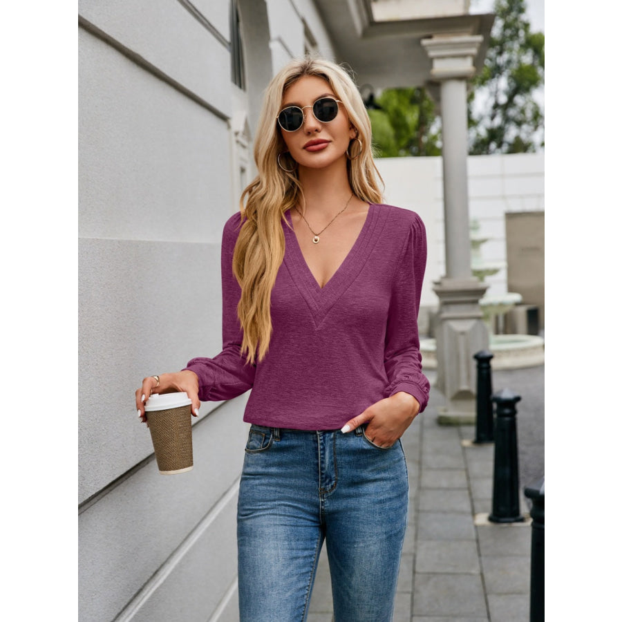 V-Neck Long Sleeve T-Shirt Deep Purple / S Apparel and Accessories