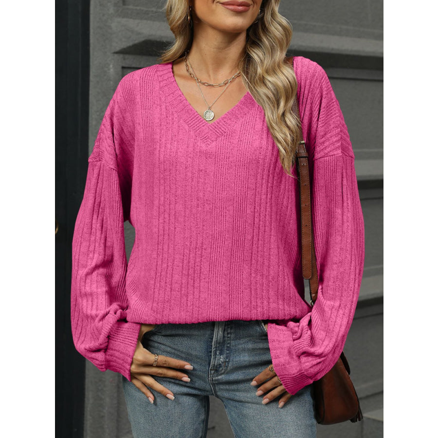 V-Neck Long Sleeve T-Shirt Deep Rose / S Apparel and Accessories