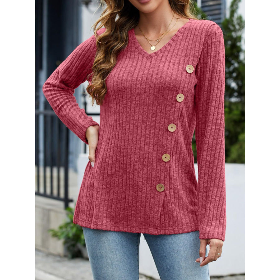 V-Neck Long Sleeve T-Shirt Deep Rose / S Apparel and Accessories