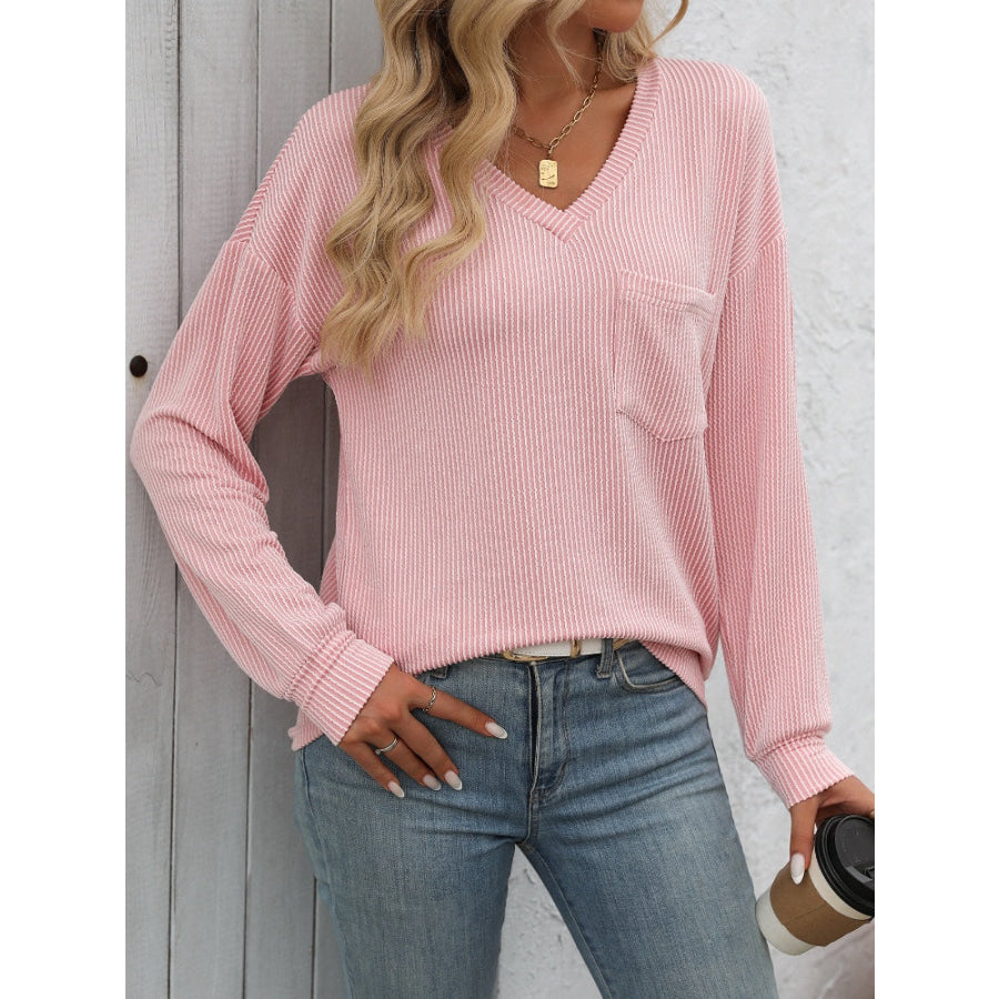 V-Neck Long Sleeve T-Shirt Dusty Pink / S Apparel and Accessories