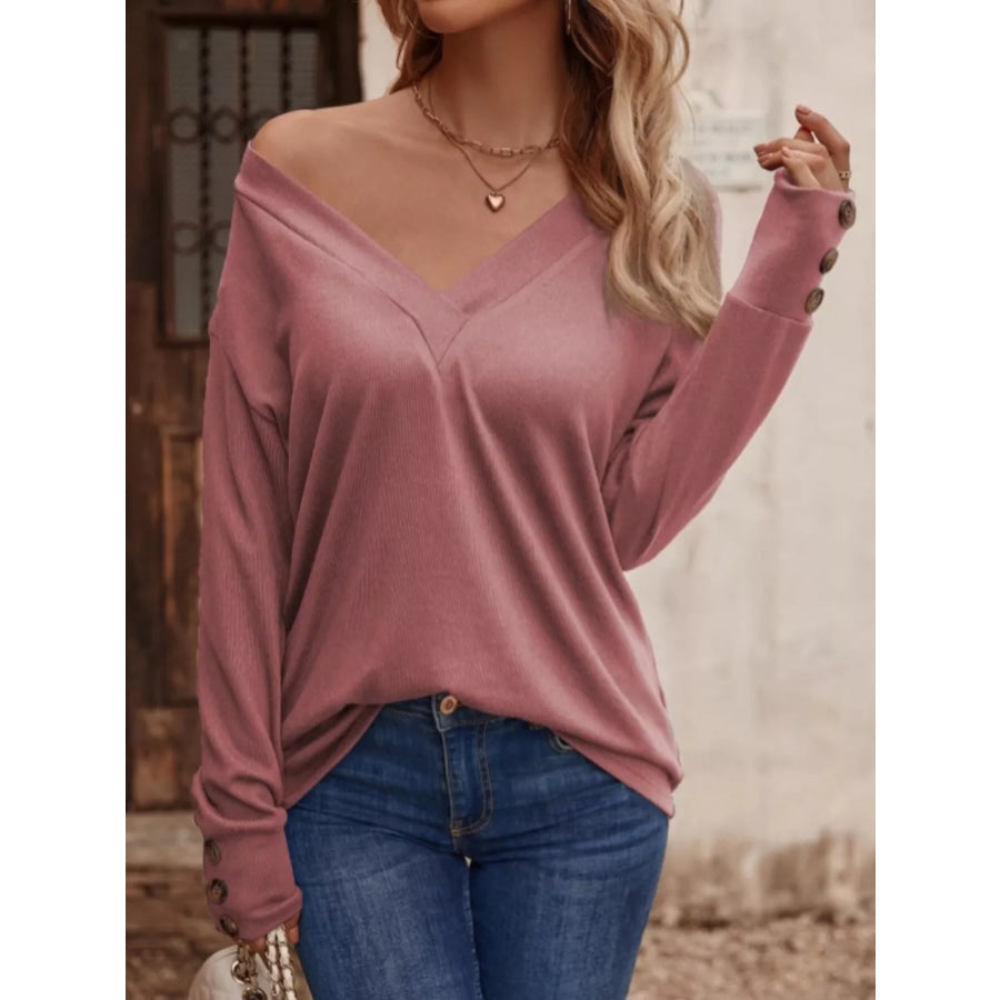 V-Neck Long Sleeve T-Shirt Dusty Pink / S Apparel and Accessories