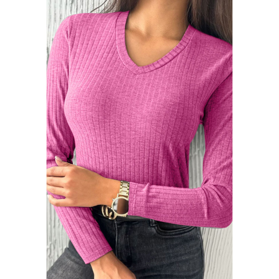 V-Neck Long Sleeve T-Shirt Fuchsia Pink / S Apparel and Accessories