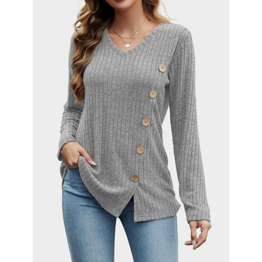 V-Neck Long Sleeve T-Shirt Gray / S Apparel and Accessories