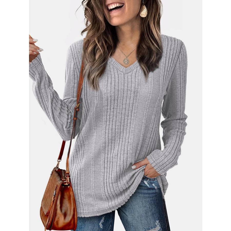 V-Neck Long Sleeve T-Shirt Gray / S Apparel and Accessories