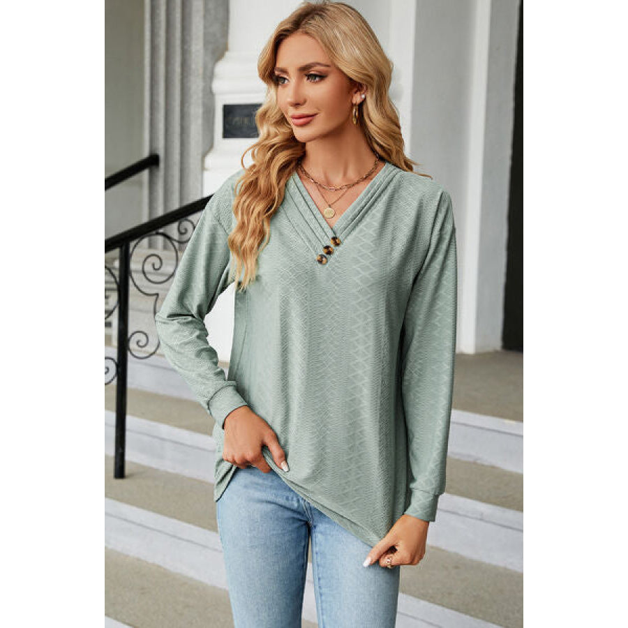 V - Neck Long Sleeve T - Shirt Gum Leaf / S Apparel and Accessories